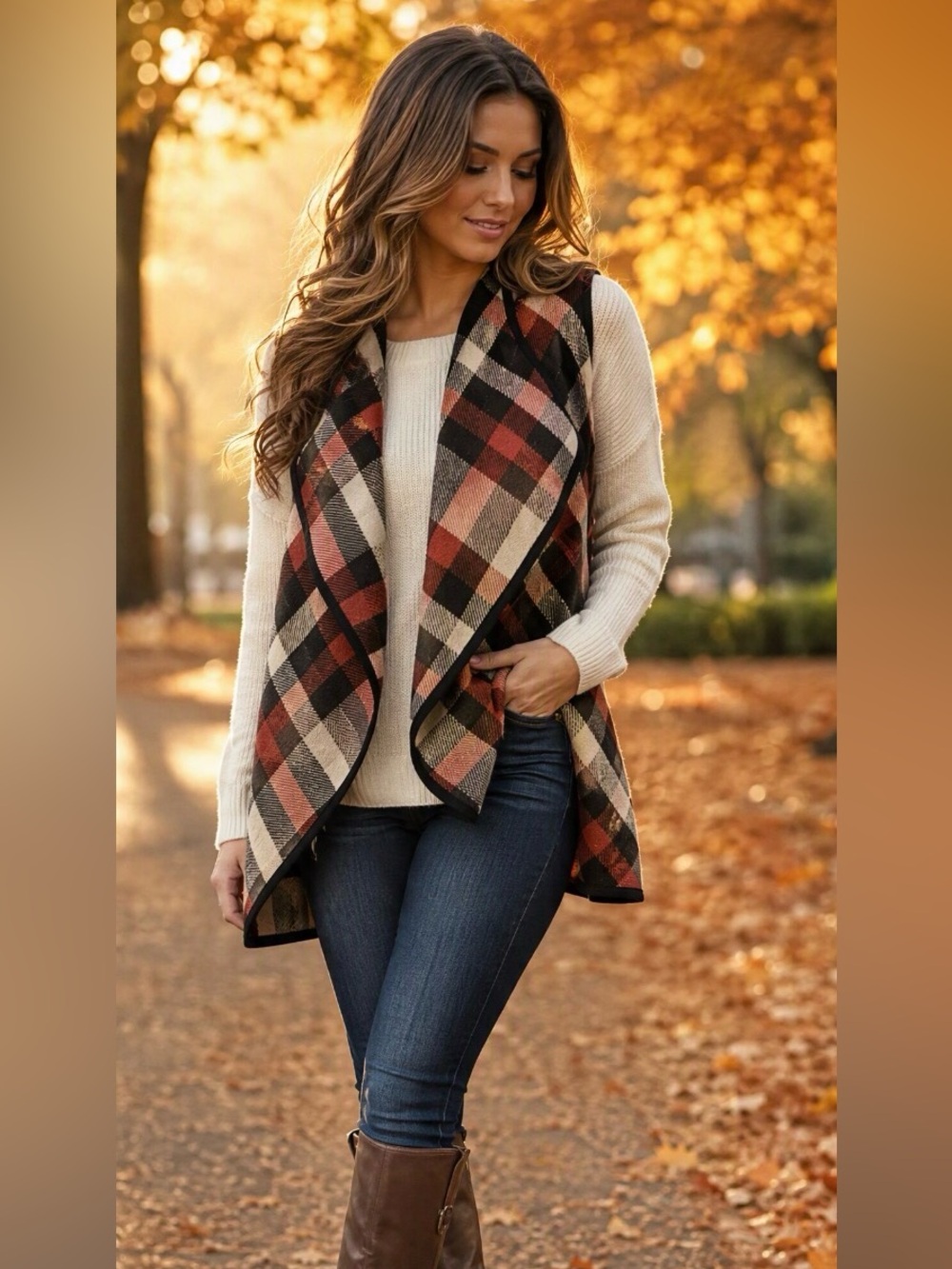 Plaid Open-Front Vest in Red, Cream, and Black - Unbranded